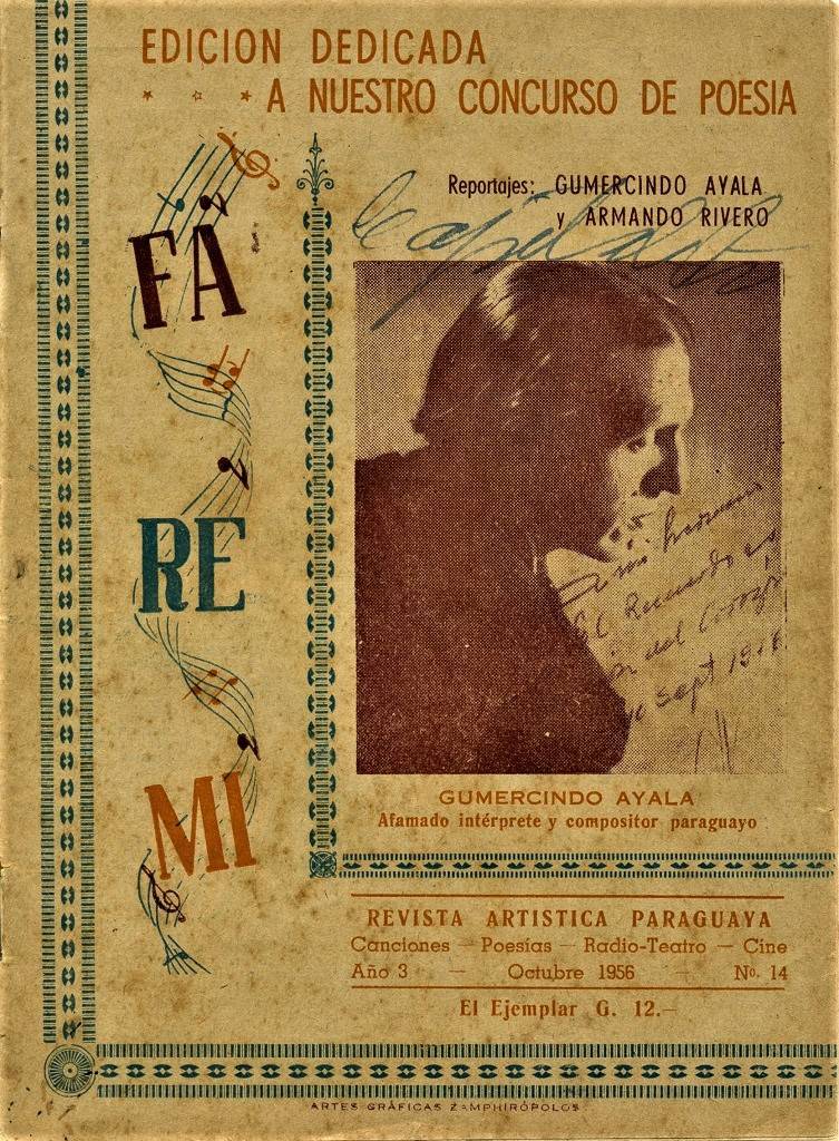 Revista Fa Re Mi, en su edición del mes de octubre del año 1956, creado y dirigido por Bernardo Garcete Saldívar, en apoyo al arte musical paraguayo. Por esos años también pone en el aire el programa radial Bajo el Cielo Guaraní. Foto de la colección de Fa Re Mi.