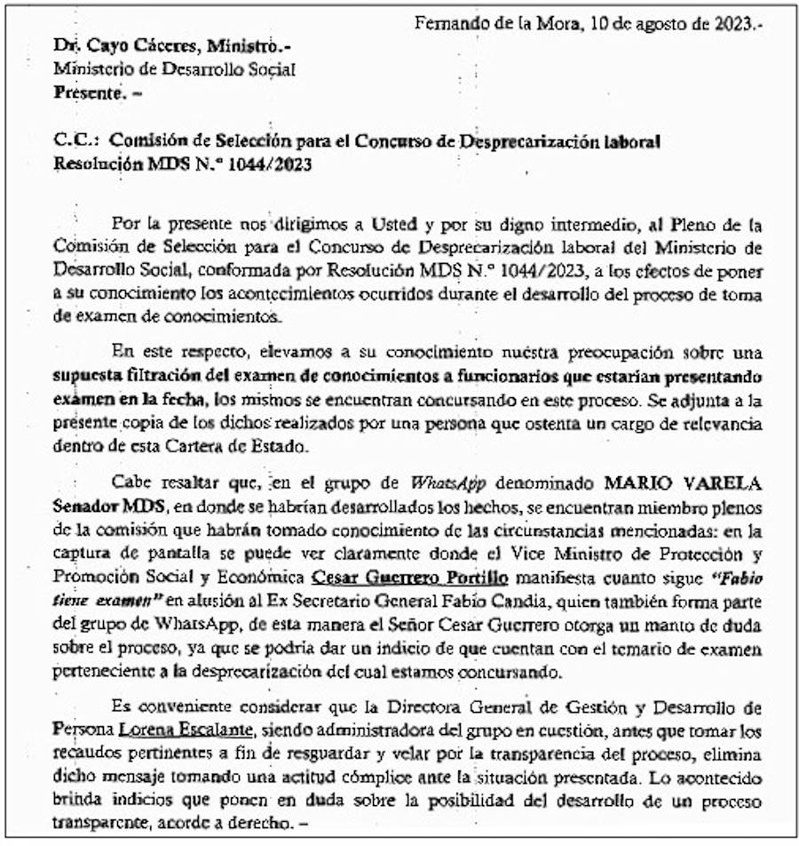 Denuncia de supuesta filtración del examen para el concurso de nombramiento de personal del MDS, en grupo político de Whatsapp del senador Mario Varela