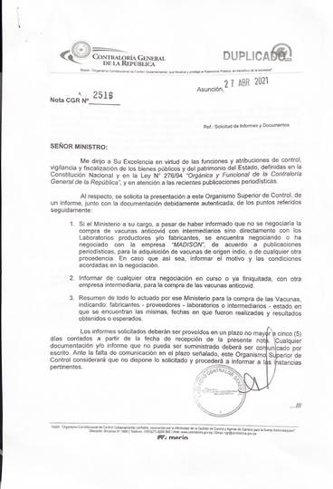 Esta es la nota remitida por el contralor general Camilo Benítez al ministro de Salud, Julio Borba. 