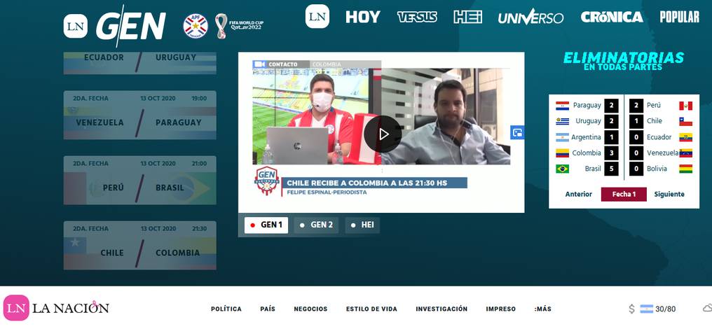 La web de La Nación ya transmite en vivo, en directo y en exclusiva la señal de GEN con todas las emociones de las eliminatorias.