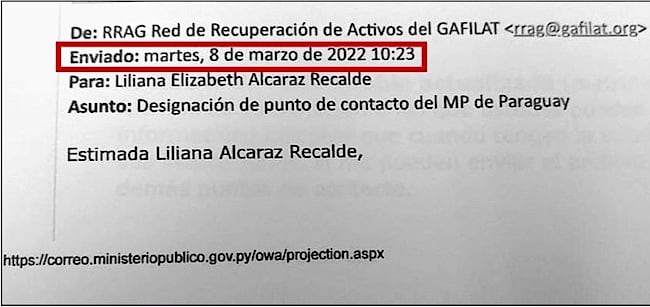 Copia del correo donde se prueba que Gafilat otorgó contraseña de acceso a Liliana Alcaraz recién el 8 de marzo de 2022.FOTO: GENTILEZA