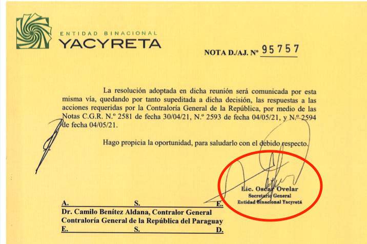 La nota de Yacyretá en la se avisa a la Contraloría que su ingreso dependía de la reunión de ayer, en
la cual resolvieron, precisamente, no dar lugar al ente de control.