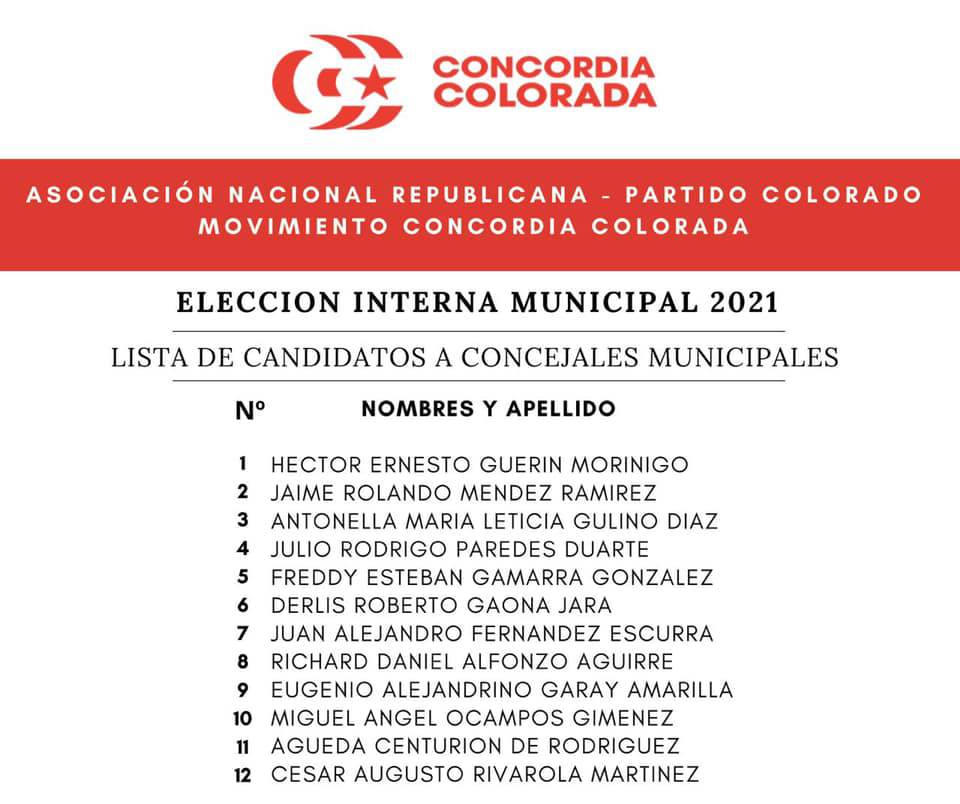 Lista de candidatos a concejales por Concordia Colorada. Foto: Gentileza. 