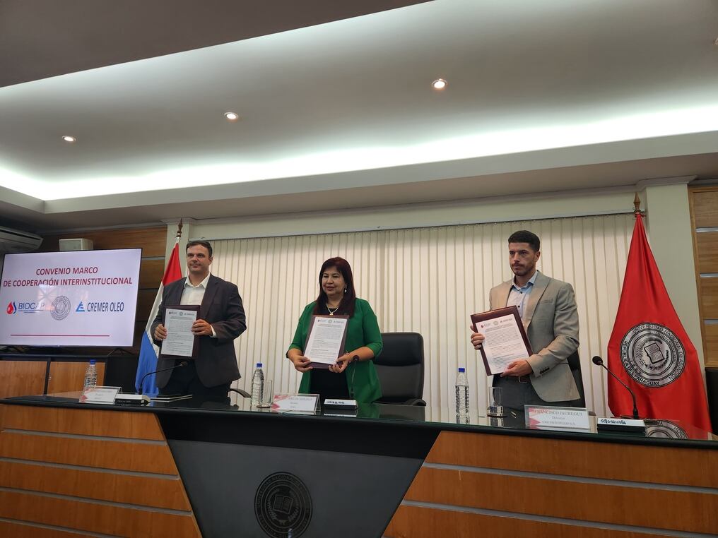 La Biocap firmó un convenio marco de cooperación con el Rectorado de la UNA, que se enmarca en la creación de la “primera carrera de biocombustibles en Paraguay”. Foto: Gentileza