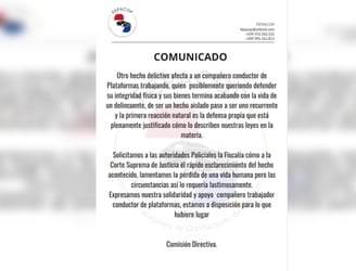 Comunicado de la Federación Paraguaya de Conductores de Plataformas (FEPACOP).