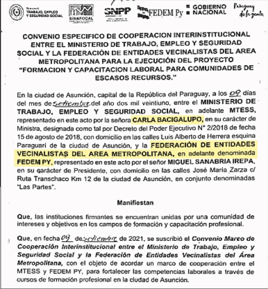 Acuerdo por G. 800 millones firmado entre el Ministerio de Trabajo y Fedem, que no pasó por licitaciones públicas