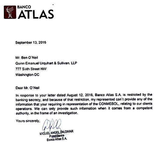 En el 2016, el presidente del banco Atlas se negó a cooperar con la justicia norteamericana que había solicitado información sobre el movimiento de dinero de Nicolás Leoz. La respuesta del banco fue que se amparaban en el secreto bancario.
