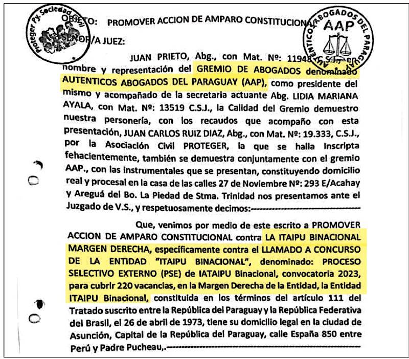 El gremio AAP presentó amparo constitucional ante un juez para que ordene la suspensión o nulidad del cuestionado concurso de Itaipú para contratación de personal