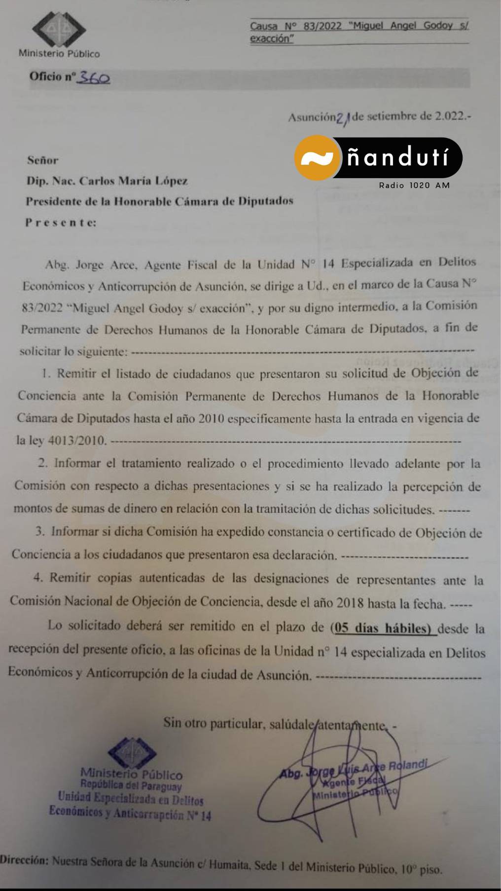 El documento firmado por fiscal Jorge Arce está dirigido al presidente de la Cámara Baja, Carlos María López. Foto: Gentileza