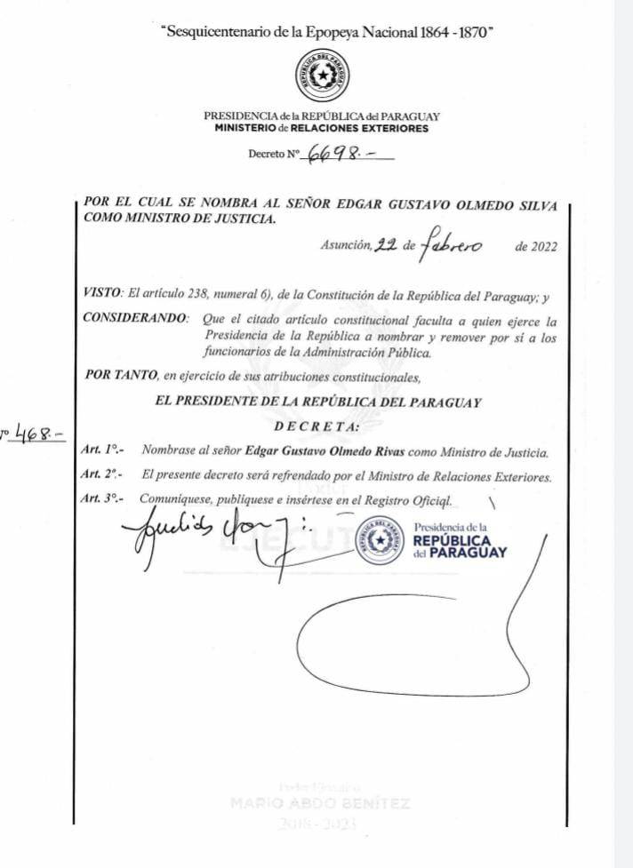 Decreto del nombramiento de Édgar Olmedo, al frente del Ministerio de Justicia. Foto: Gentileza. 