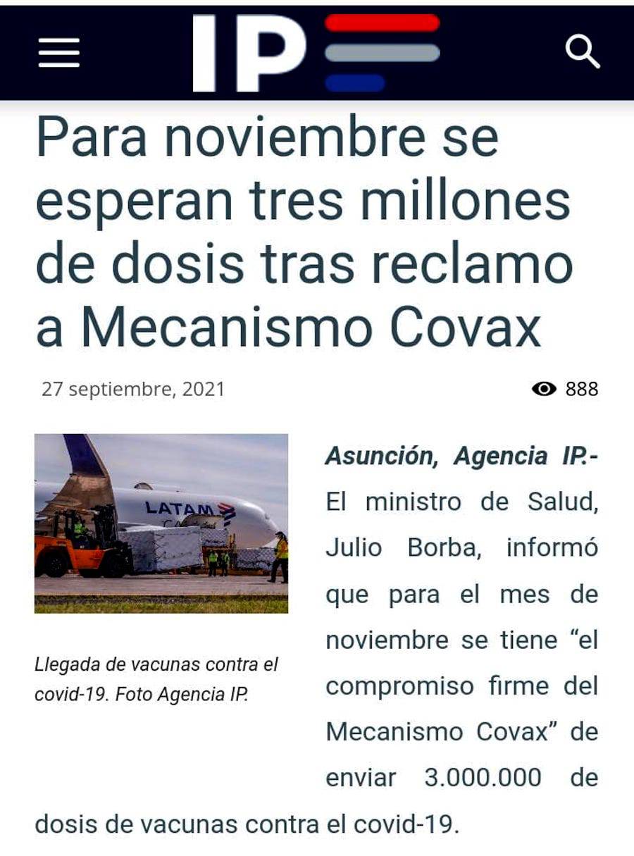 Para noviembre del año pasado, según el ministro Borba, Covax ya cubriría cerca del 80% del contrato, pero nada de eso pasó y ahora US$ 5.670.990, dinero del pueblo paraguayo, se encuentran congelados en el extranjero.
