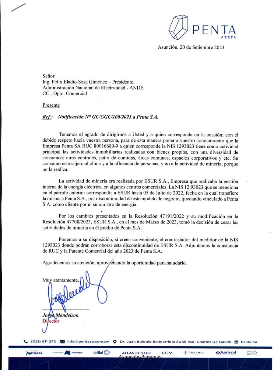 Respuesta del gerente de Penta SA, Jorge Mendelzon, donde admite que explotaban criptominería en el mismo predio del Shopping Mariscal