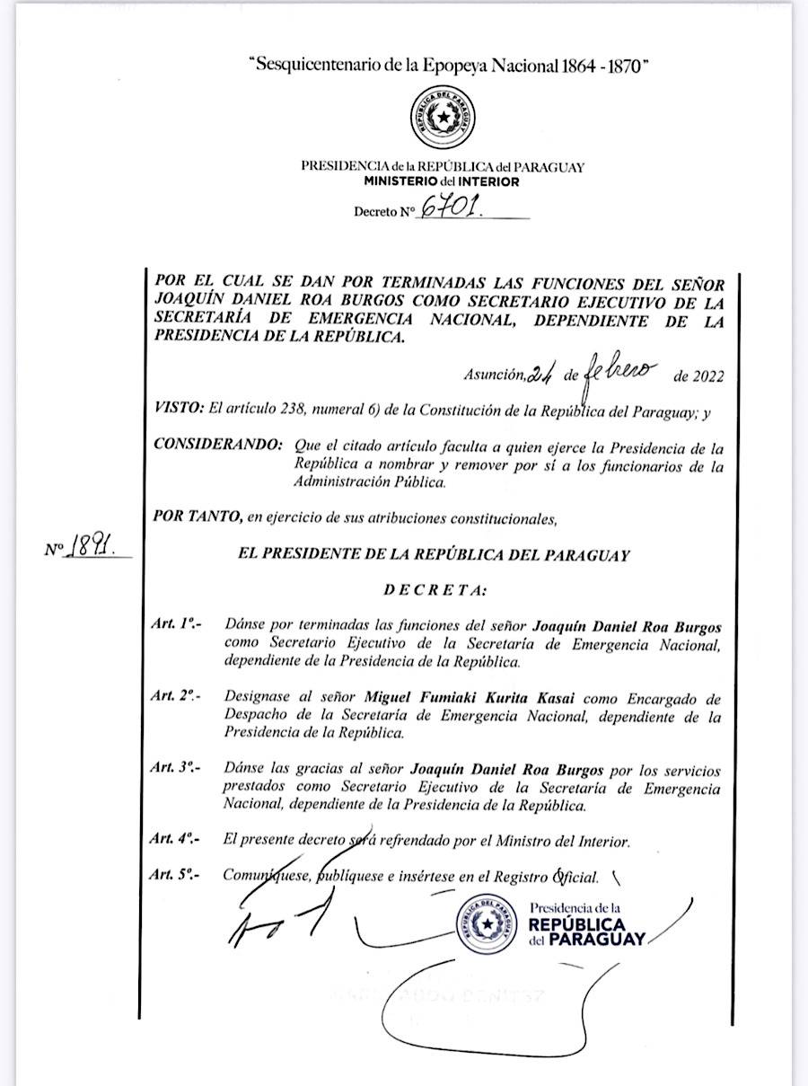 Decreto por el cual el presidente de la República dio de baja del cargo a Joaquín Roa.