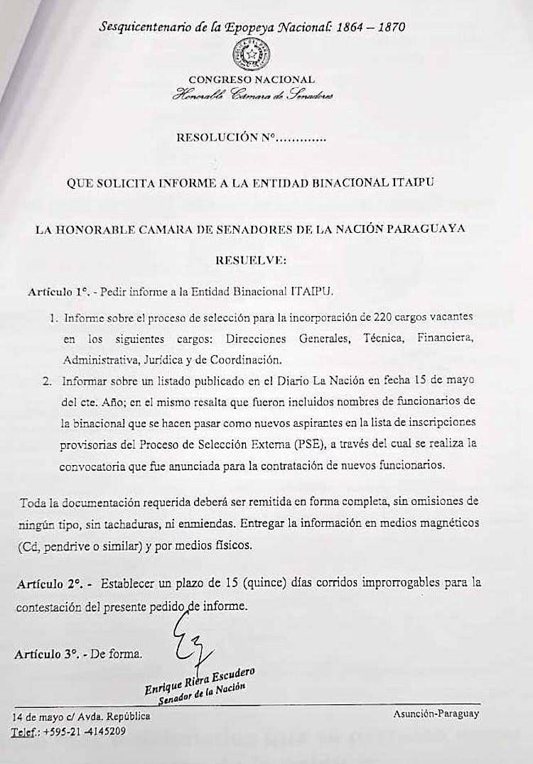 El Senado solicitó informe sobre el acelerado llamado de contratación
de personal para Itaipú.FOTO: Documento