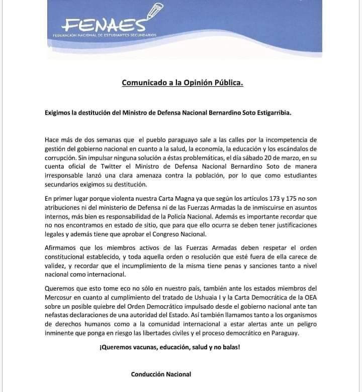 Comunicado emitido por la Fenaes en relación a las declaraciones del ministro de Defensa Nacional, Bernardino Soto Estigarribia. Foto: Gentileza.