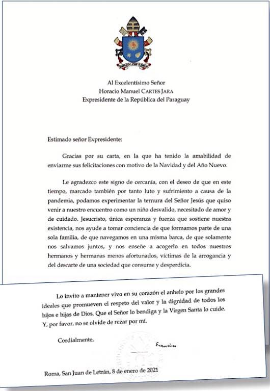 Carta enviada por el Santo Padre al ex presidente de la República
Horacio Cartes.