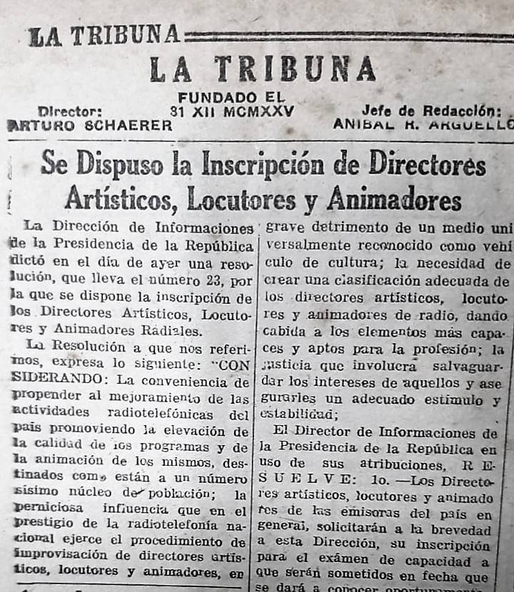 Publicación del diario La Tribuna del 13 de octubre de 1948, de la hemeroteca de la Biblioteca Nacional. Una Resolución de la Dirección de Informaciones de la Presidencia de la República, a cargo de Ezequiel González Alsina, cuando entonces.