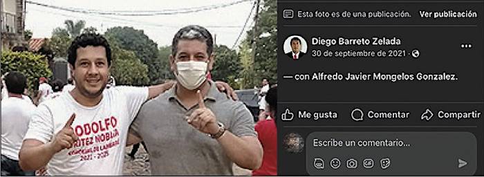 Diego Barreto, que percibió honorarios de G. 6,1 millones en proyecto del Sinafocal con el CIRD, abrazado
con Alfredo Mongelós, titular del Sinafocal, en campaña política del hijo del exconsejero del IPS