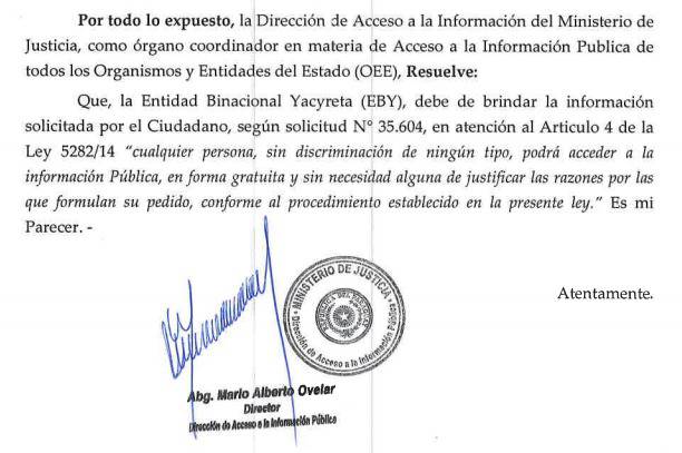 Dictamen del Ministerio de Justicia sobre el pedido de Acceso a la InformaciÃ³n PÃºblica. Foto: Gentileza