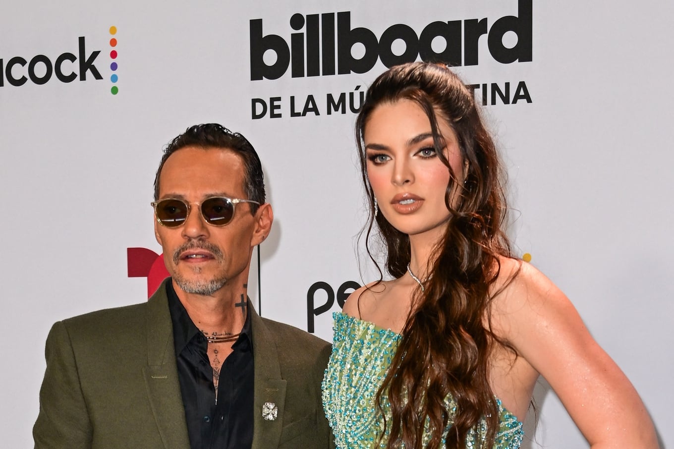 US singer Marc Anthony and his wife Paraguyan model Nadia Ferreira arrive for the Billboard Latin Music Awards at the Watsco Center in Miami, Florida, on October 5, 2023. (Photo by GIORGIO VIERA / AFP)