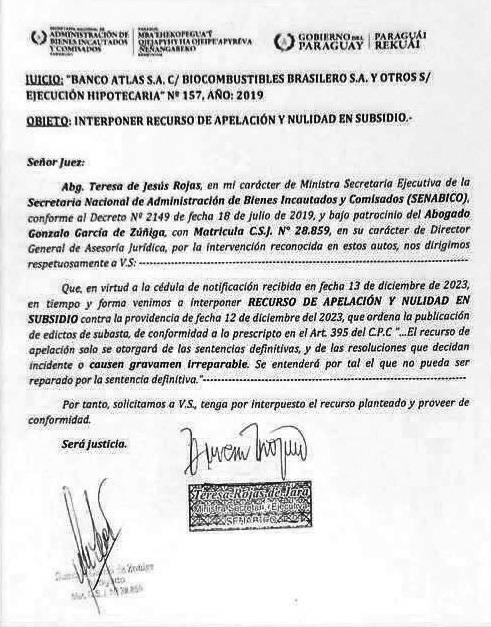 Este fue el escrito presentado por la Senabico en el que se oponen a la decisión planteada por el juez Rivas Laguardia
