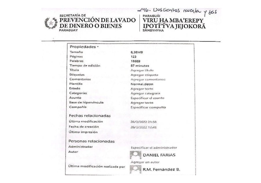 El documento secreto elaborado por Daniel Farías y René Fernández fue descubierto gracias a la colaboración de la actual ministra de la Seprelad, Liliana Alcaraz (Crédito: Acta de imputación)