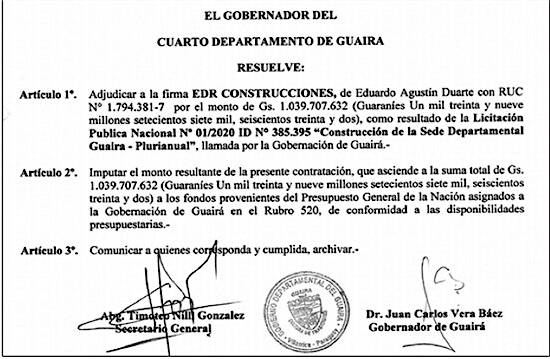 Resolución de nueva adjudicación de la Gobernación de Guairá a favor de EDR.