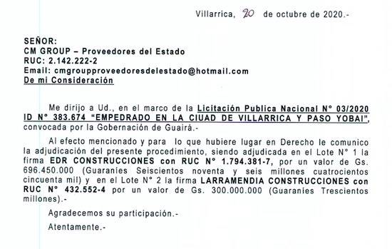 Notificación de la Gobernación de la adjudicación del llamado a la empresa EDR Construcciones.