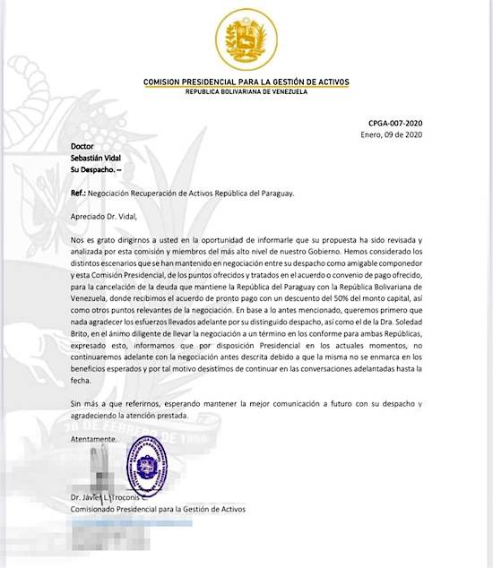 Carta enviada por el comisionado venezolano al abogado argentino Sebastián Vidal, a quien le comunicó que por disposición presidencial no continuarán adelante con las negociaciones.FOTO:FACSÍMIL