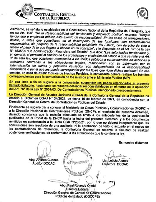 Dictamen de Contraloría que sugiere suspensión de pago en el marco de la licitación del puente de oro del MOPC.