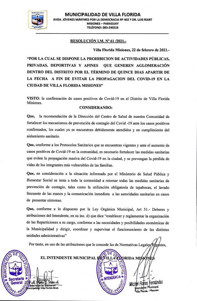 Documento emitido por la Municipalidad de Villa Florida, a cargo del intendente Michel Flores. Foto: Gentileza