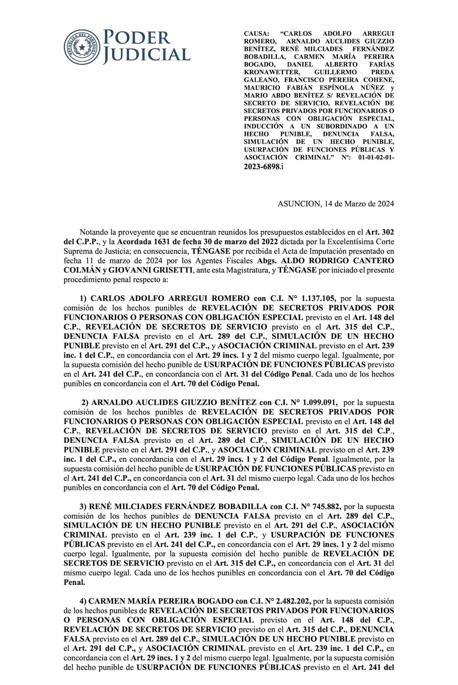 Parte del documento de la admisión de imputación