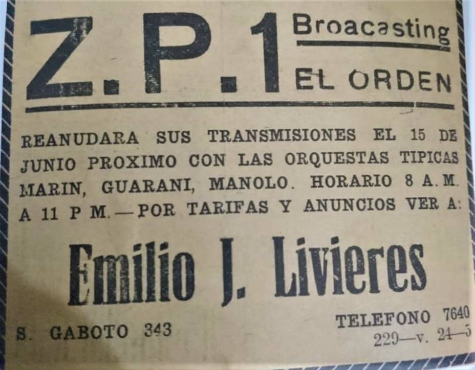 Recorte periodístico del diario El Orden, año 1931, sobre radio El Orden, que anunciaba la reanudación de sus emisiones en el mes de junio de ese año.