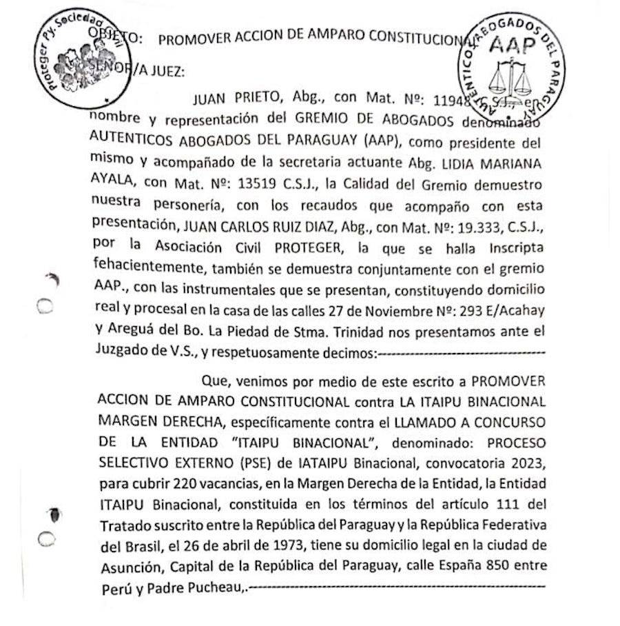Amparo constitucional presentado por abogados para anular concurso de Itaipú viciado de irregularidades