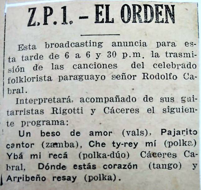 Recorte periodístico del diario El Orden del mes de agosto de 1928, anunciando un programa de música paraguaya de ZP1 Radio El Orden, emisora que funcionó hasta fines de 1932 y al año siguiente fue ZP9 Radio Prieto.