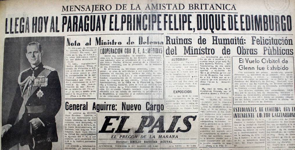 El diario El País destacaba la llegada del príncipe Felipe, miembro de la Realeza Británica, en su edición del viernes 9 de marzo de 1962. (foto: DIARIO EL PAÍS-BIBLIOTECA NACIONAL)