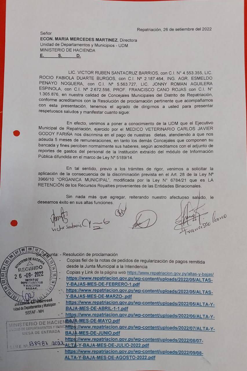 Documento presentado por los concejales denunciantes a la Unidad de Departamentos y Municipios del Ministerio de Hacienda. Foto: Gentileza.