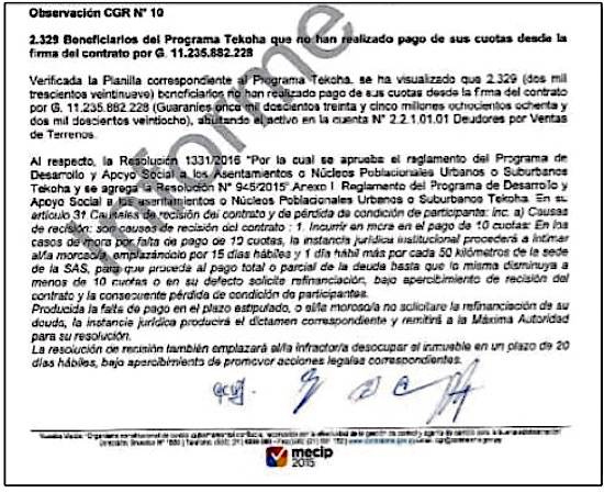SOSPECHA. La Contraloría tiene ciertos indicios de hechos punibles en el punto 10, en el que 2.329 beneficiarios al programa Tekoha no pagaron sus cuotas, siendo el perjuicio por 11 mil millones de guaraníes.