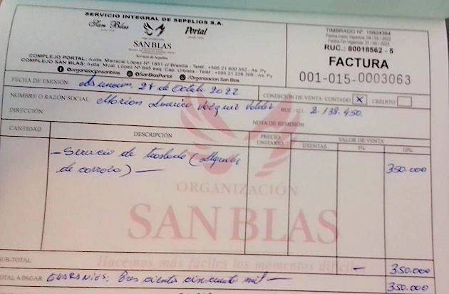 La factura por el servicio de traslado del féretro del abatido terrorista salió a nombre de la ex directora del Buen Pastor.FOTO:GENTILEZA