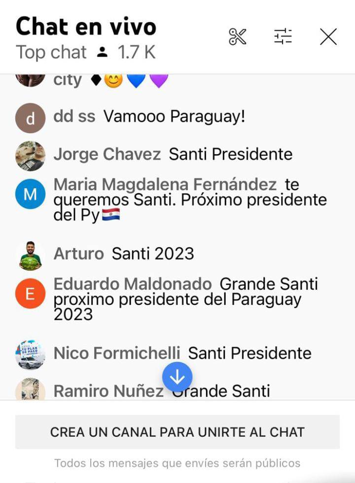 Comentarios de apoyo expresados hacia la figura política de Santiago Peña. Foto: Captura de pantalla. 