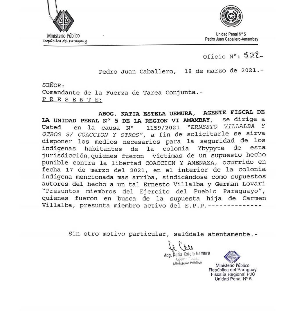 El pedido de protecciÃ³n presentado por el Ministerio PÃºblico a la FTC. Foto: Gentileza.