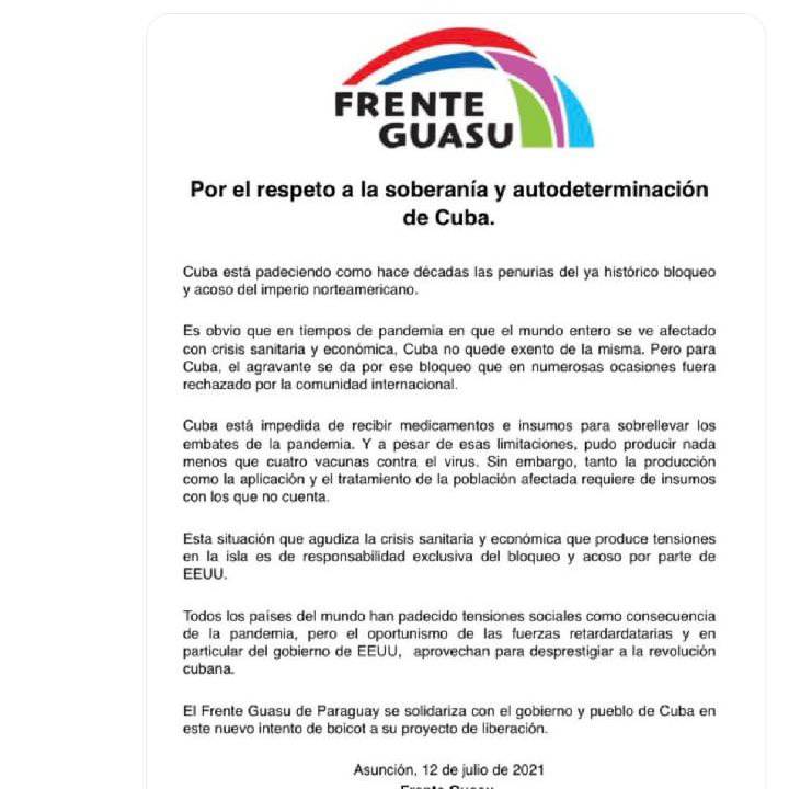 El comunicado del Frente Guasu, presentado en redes sociales. Foto: Gentileza.