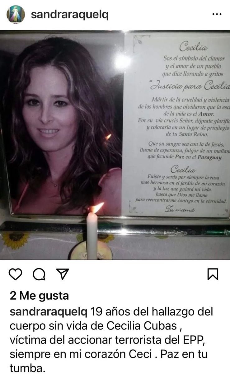 Posteo de Sandra Quiñónez recordando a Cecilia Cubas.