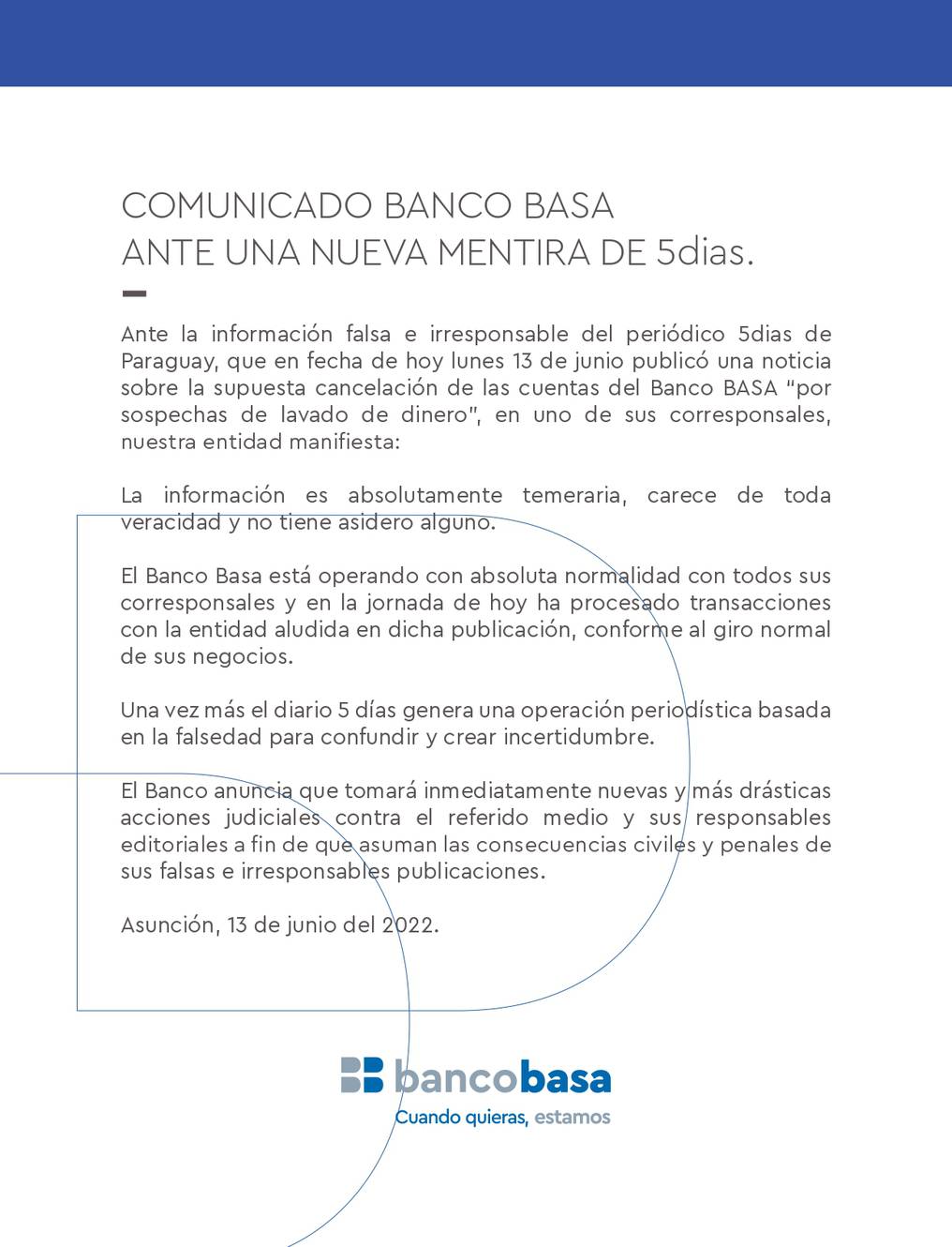 Banco Basa aclaró que la información publicada carece de toda veracidad. Foto: Gentileza.
