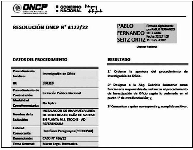 DNCP abrió una investigación por un supuesto incumplimiento de contrato.