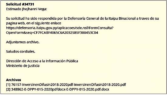 Documentos que había remitido Itaipú sobre gastos en publicidad de manera directa al periodista de
nuestro medio.