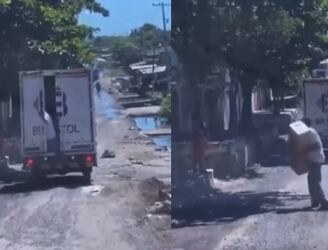 El hábil delincuente robó el evaporador mientras el camión estaba en marcha. Foto: captura de video.