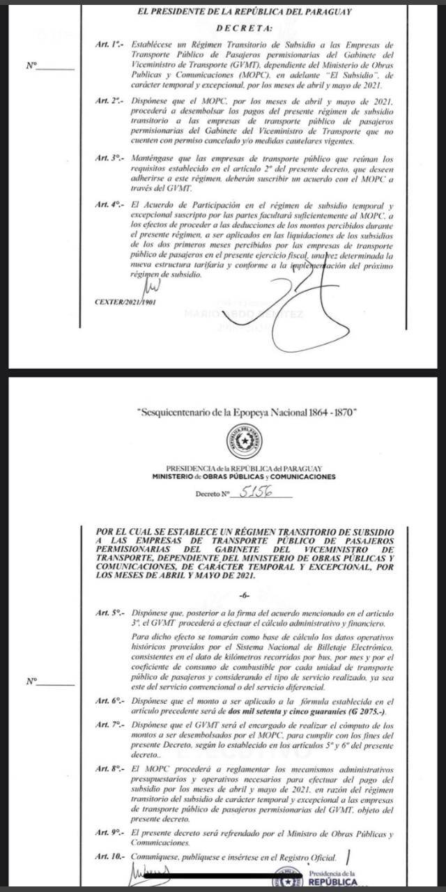 Resolución presidencial que autoriza adelantar el pago del subsidio para el sector transporte. Foto: Gentileza.