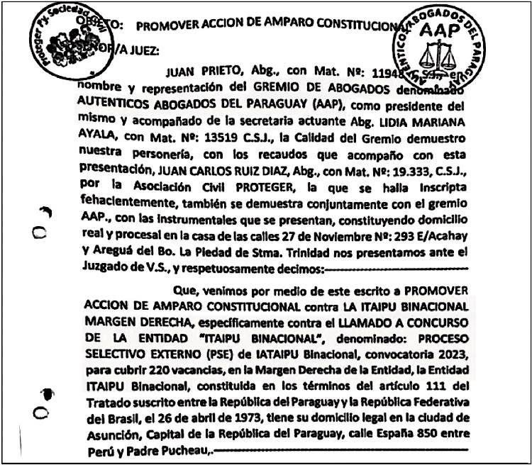 Amparo constitucional presentado por el gremio Auténticos Abogados del Paraguay para frenar concurso amañado con 220 cargos disponibles en Itaipú