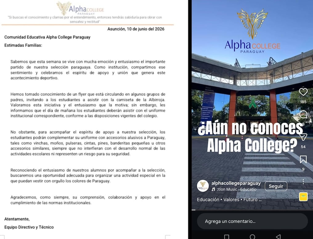 El polémico comunicado del colegio Alpha College Paraguay. Foto: Gentileza